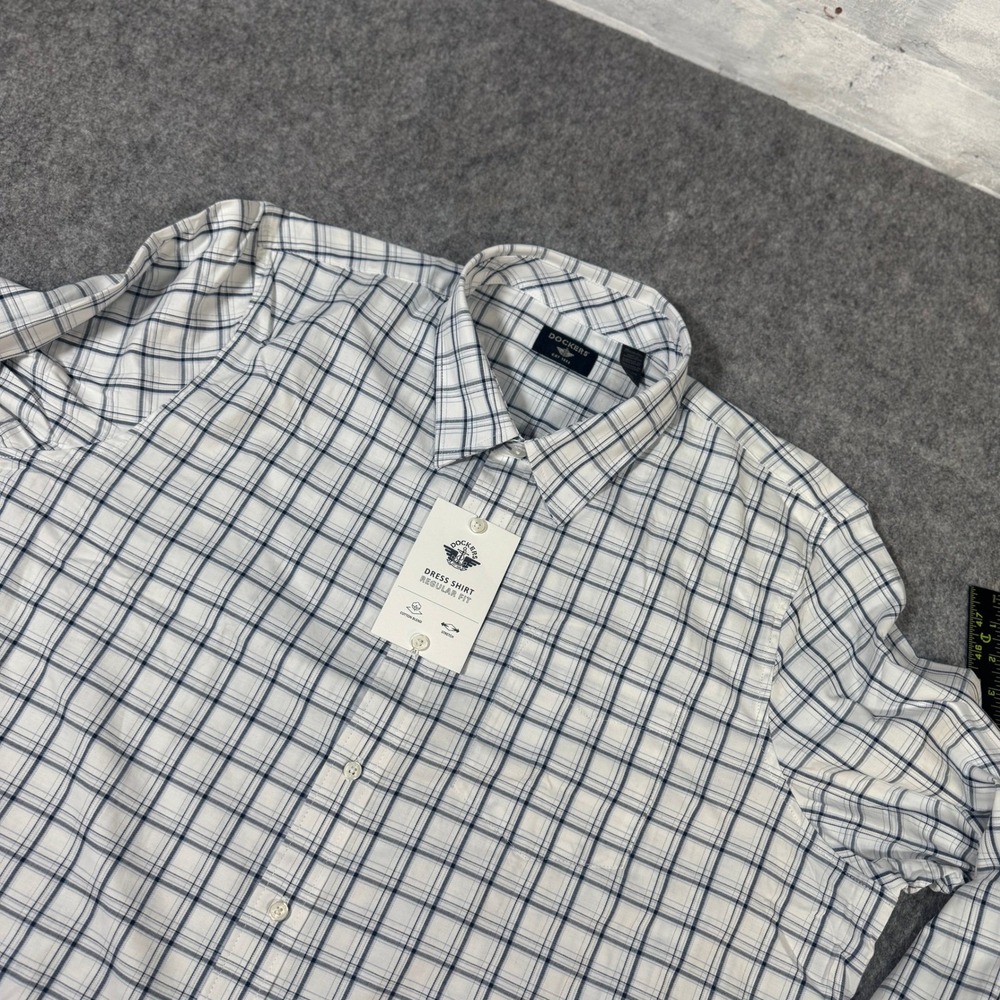 Dockers Mens XXL Regular Fit Dress Shirt White Navy Plaid Stretch Long Sleeve